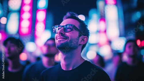 Group of friends walking through a futuristic city with neon lights and holographic advertisements, faces glowing with excitement and wonder, capturing the dynamic atmosphere of adventure and possibil photo