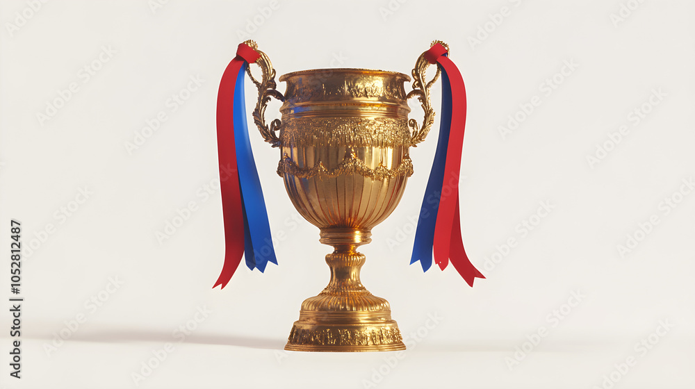 A golden trophy adorned with a red or blue ribbon hanging elegantly from its handles A golden trophy adorned with a red or blue ribbon hanging elegantly from its handles