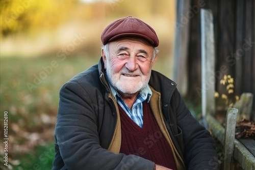 Portrait of an elderly man sitting on a bench in the countryside