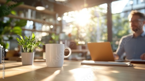 A bright and airy workspace featuring a white coffee mug and a small plant, with a blurred figure working on a laptop in the background, bathed in sunlight.