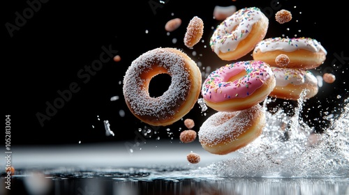 A vibrant splash featuring donuts with colorful icings and sprinkles, blending in dynamic motion, captures a joyful and exuberant scene. photo