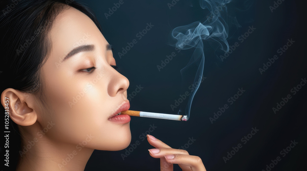 Fototapeta premium A woman exhales smoke from her cigarette in a lowkey setting, creating a dramatic contrast against the dark background.
