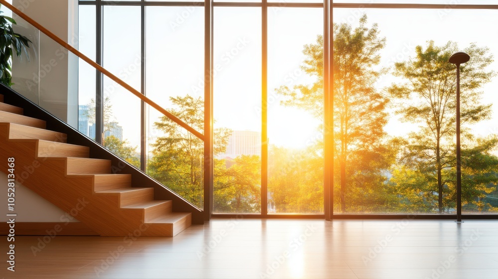 A modern staircase adjacent to a large glass window showcasing a vibrant sunrise, filling the space with warm, golden sunlight and creating a serene atmosphere. A modern staircase adjacent to a large glass window showcasing a vibrant sunrise, filling the space with warm, golden sunlight and creating a serene atmosphere.