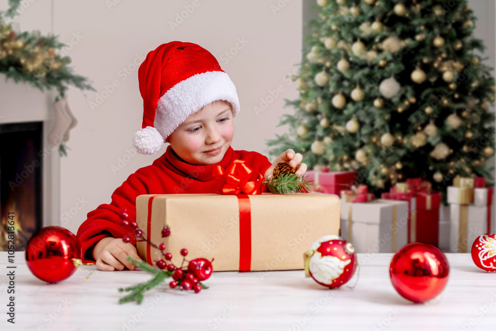 A boy in a Santa Claus costume looking at Christmas presents. Close-up portrait