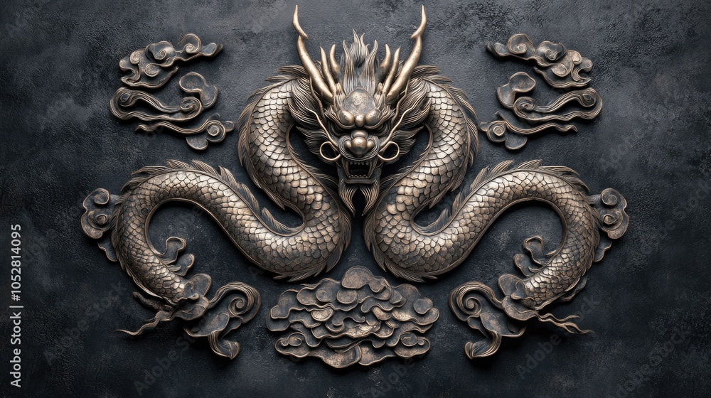 A golden dragon with intricate details and clouds on a dark grey background. A golden dragon with intricate details and clouds on a dark grey background.