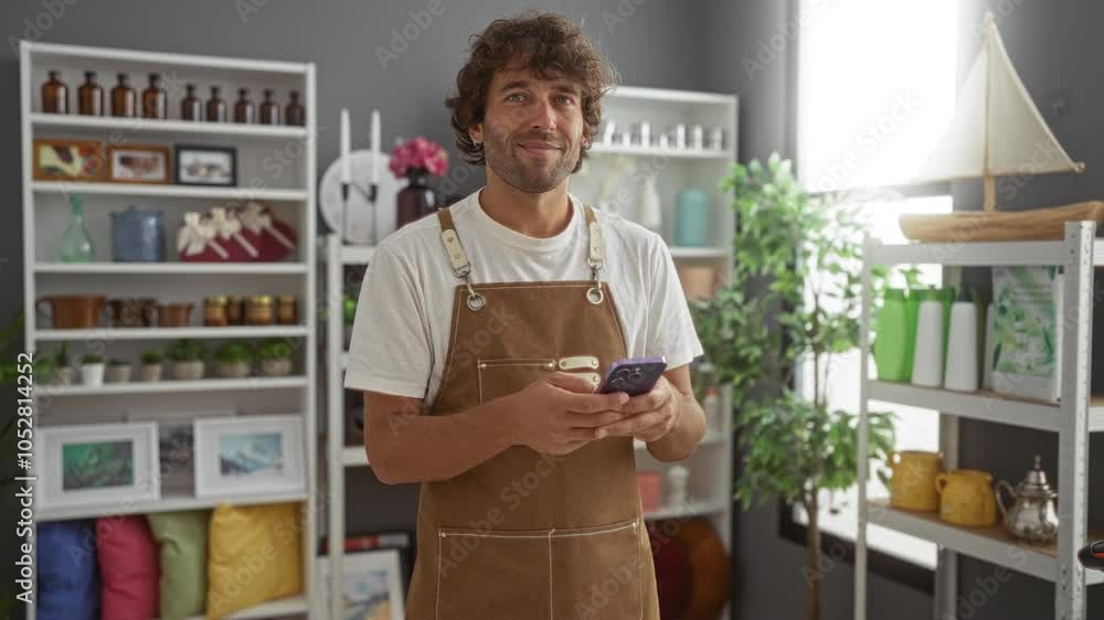 Young man using smartphone in a home decor store filled with various items and plants Young man using smartphone in a home decor store filled with various items and plants