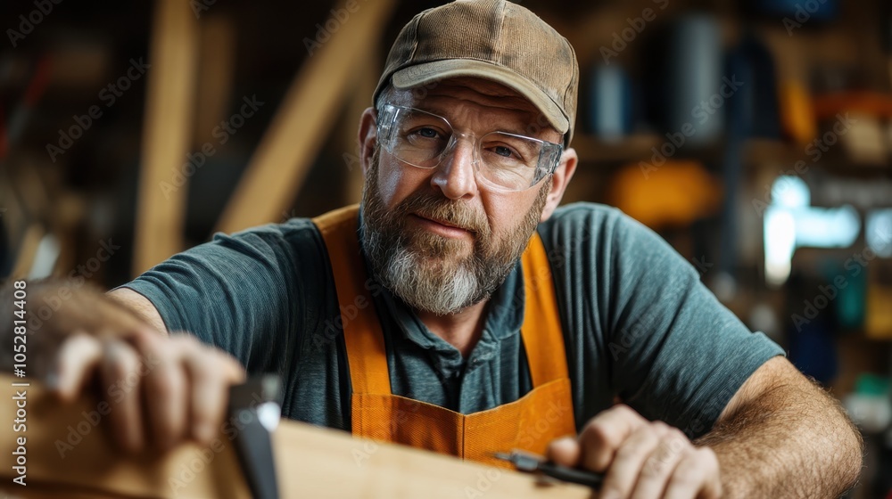 An experienced carpenter in an apron and protective gear meticulously works on a wooden piece, displaying skill and dedication to craftsmanship. An experienced carpenter in an apron and protective gear meticulously works on a wooden piece, displaying skill and dedication to craftsmanship.
