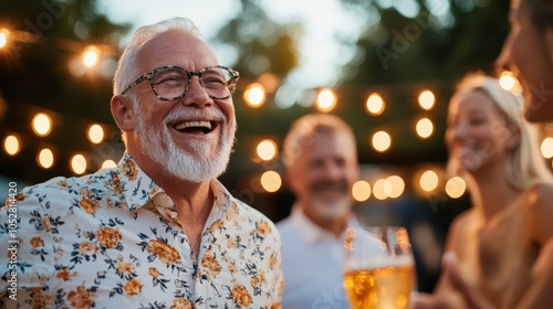 An elderly man in a floral shirt enjoys laughter with friends at an outdoor party, against a warm ambiance with decorative string lights, capturing light-heartedness. photo