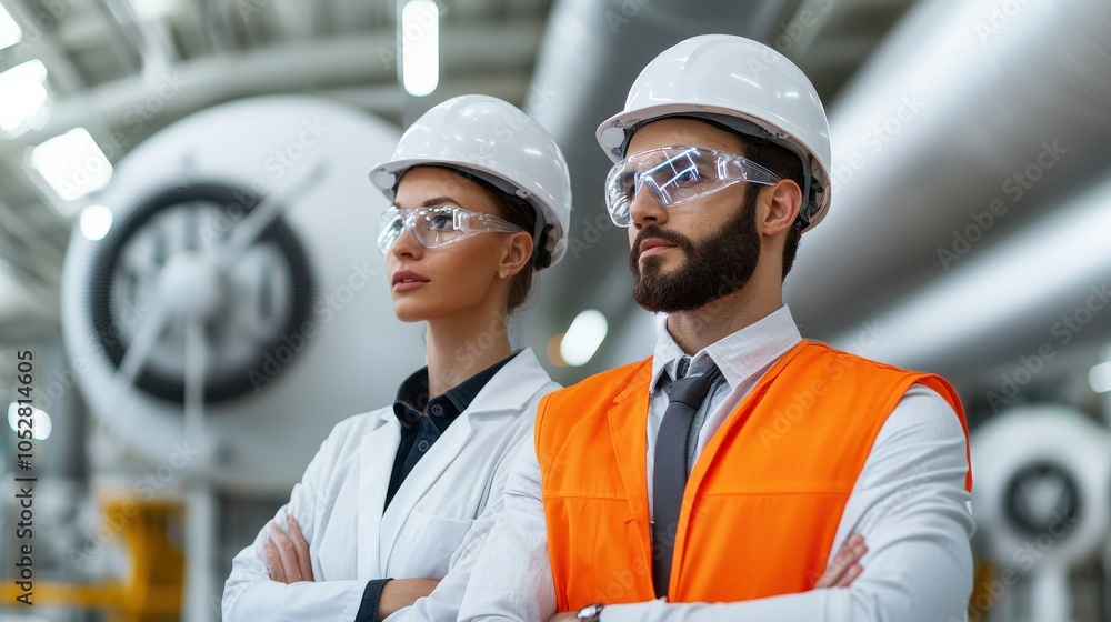 Two professionals in protective gear stand confidently in an industrial setting, showcasing safety and teamwork in a workplace environment. Two professionals in protective gear stand confidently in an industrial setting, showcasing safety and teamwork in a workplace environment.