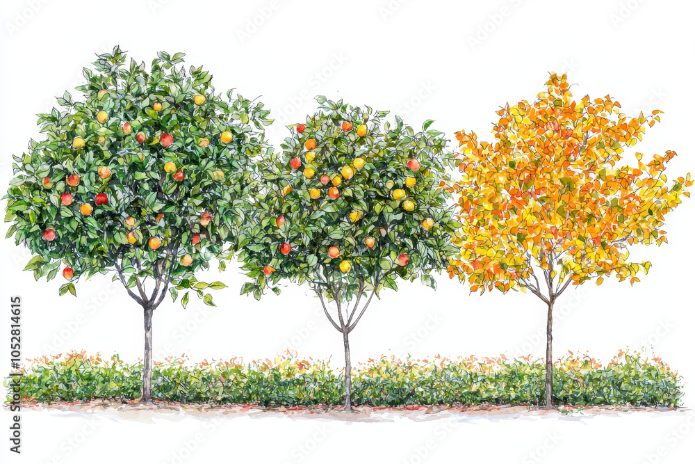 Three vibrant trees display seasonal fruits and colors, showcasing nature's beauty and diversity. Three vibrant trees display seasonal fruits and colors, showcasing nature's beauty and diversity.