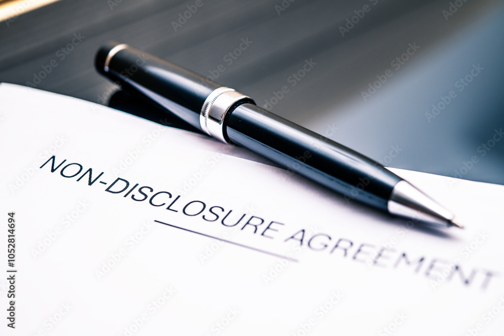 Close-Up of Non-Disclosure Agreement with Elegant Pen on Table, Highlighting Importance of Confidentiality in Business Deals and Legal Transactions Close-Up of Non-Disclosure Agreement with Elegant Pen on Table, Highlighting Importance of Confidentiality in Business Deals and Legal Transactions
