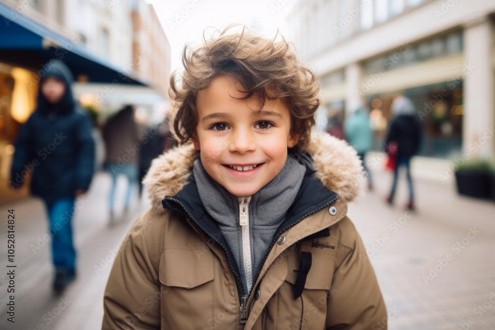 Portrait of cute little boy with curly hair in winter coat on the street Portrait of cute little boy with curly hair in winter coat on the street