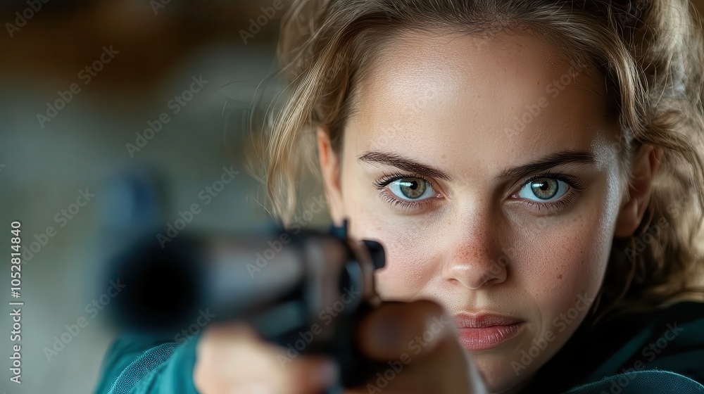 A young woman with fierce concentration aims a gun, her eyes locked forward, depicting determination and focus in a close-up shot with soft-focused background. A young woman with fierce concentration aims a gun, her eyes locked forward, depicting determination and focus in a close-up shot with soft-focused background.