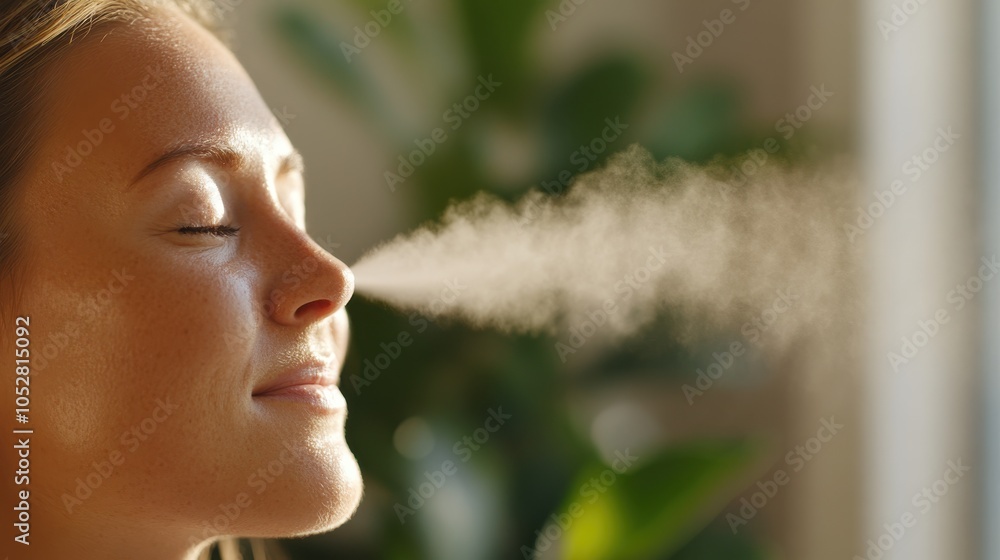 In a softly illuminated room, a poised woman finds a moment of bliss as a mist lightly touches her skin, capturing the serenity of personal care and simplicity. In a softly illuminated room, a poised woman finds a moment of bliss as a mist lightly touches her skin, capturing the serenity of personal care and simplicity.