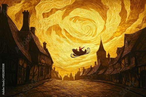 Santa flying through a swirling sky over quaint village houses. photo