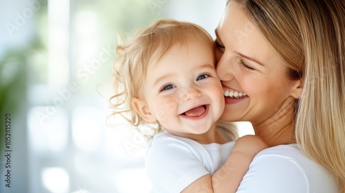 A joyful mother lovingly holds her giggling baby while enveloped in warm, soft sunlight, capturing the special bond between them in a serene and beautiful moment.