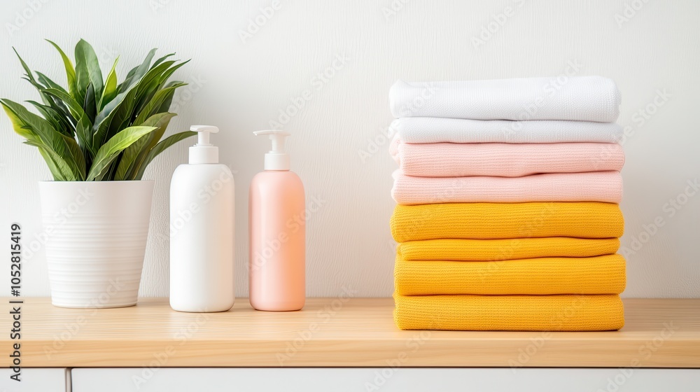 Neatly folded towels are stacked beside two bottles of liquid soap, positioned next to a green plant pot, evoking a sense of cleanliness and aesthetic simplicity. Neatly folded towels are stacked beside two bottles of liquid soap, positioned next to a green plant pot, evoking a sense of cleanliness and aesthetic simplicity.