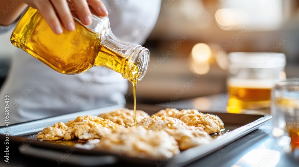 A person is captured pouring golden, rich oil onto a tray of freshly baked cookies, adding a sumptuous finishing touch in a warmly lit kitchen environment. A person is captured pouring golden, rich oil onto a tray of freshly baked cookies, adding a sumptuous finishing touch in a warmly lit kitchen environment.