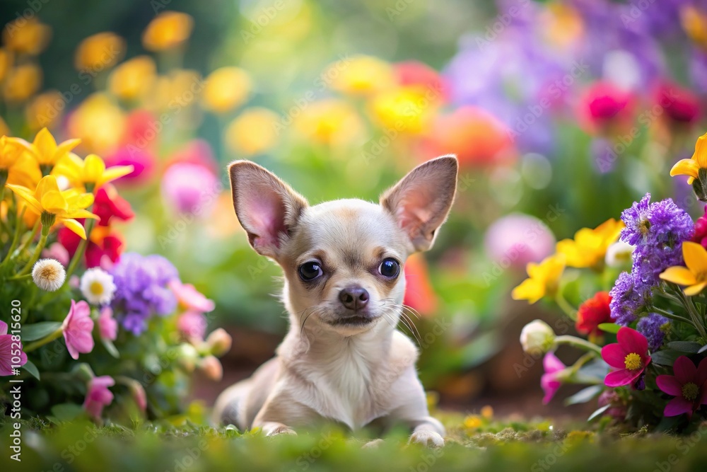 Panoramic view of Chihuahua puppy resting in garden with colorful flowers Panoramic view of Chihuahua puppy resting in garden with colorful flowers
