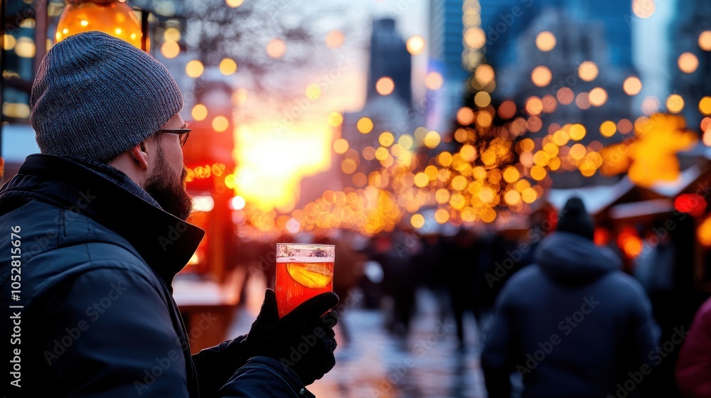 A man keeps warm with a beer in hand at a bustling winter market, surrounded by twinkling lights and a festive atmosphere, capturing the essence of winter joy. A man keeps warm with a beer in hand at a bustling winter market, surrounded by twinkling lights and a festive atmosphere, capturing the essence of winter joy.