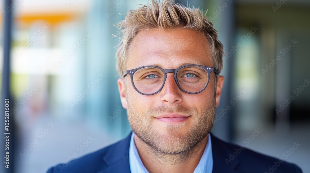 A man with stylish glasses and a confident smile is outdoors, dressed in a blue suit, conveying an aura of success and modern sophistication. A man with stylish glasses and a confident smile is outdoors, dressed in a blue suit, conveying an aura of success and modern sophistication.