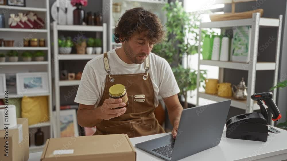 Young man working in a home decor store holding a product and using a laptop with various decorative items on shelves in the background Young man working in a home decor store holding a product and using a laptop with various decorative items on shelves in the background