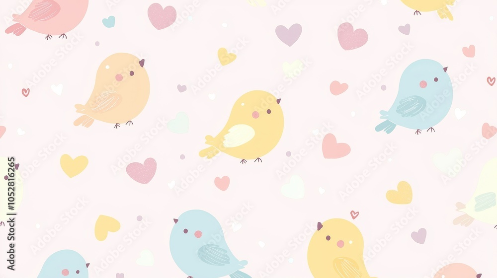 A charming pattern featuring cute birds and pastel hearts, perfect for children's decor, textiles, or greeting cards. A charming pattern featuring cute birds and pastel hearts, perfect for children's decor, textiles, or greeting cards.