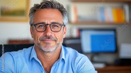 A mature man with glasses in a blue shirt sits comfortably in front of a computer, symbolizing intellect and digital engagement in a study setting.