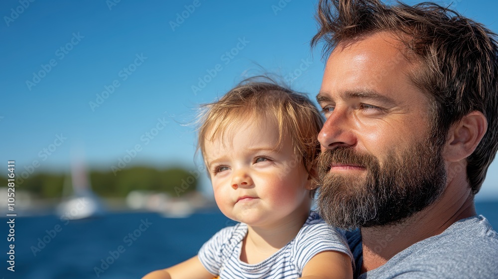 A father, with slightly tousled hair, lovingly holds his child, both facing the vibrant blue ocean from a boat, symbolizing a joyful bond and shared exploration. A father, with slightly tousled hair, lovingly holds his child, both facing the vibrant blue ocean from a boat, symbolizing a joyful bond and shared exploration.