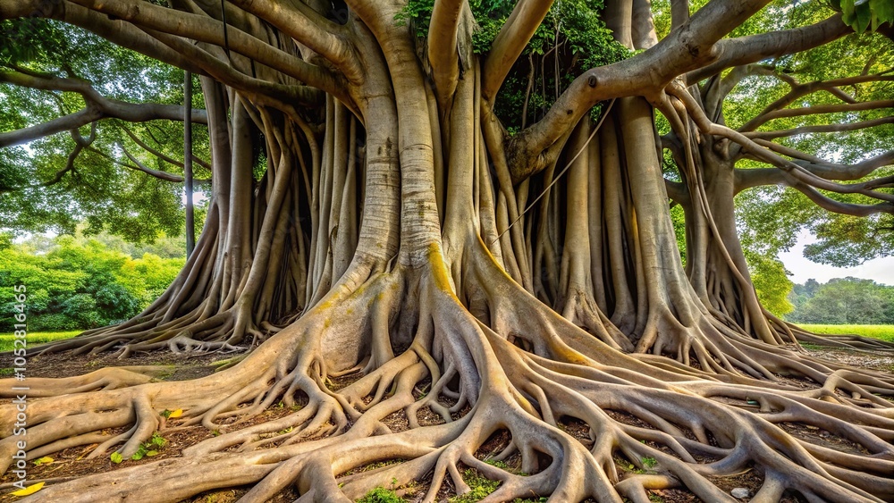 Panoramic view of external roots of Ficus pertusa tree in nature Panoramic view of external roots of Ficus pertusa tree in nature