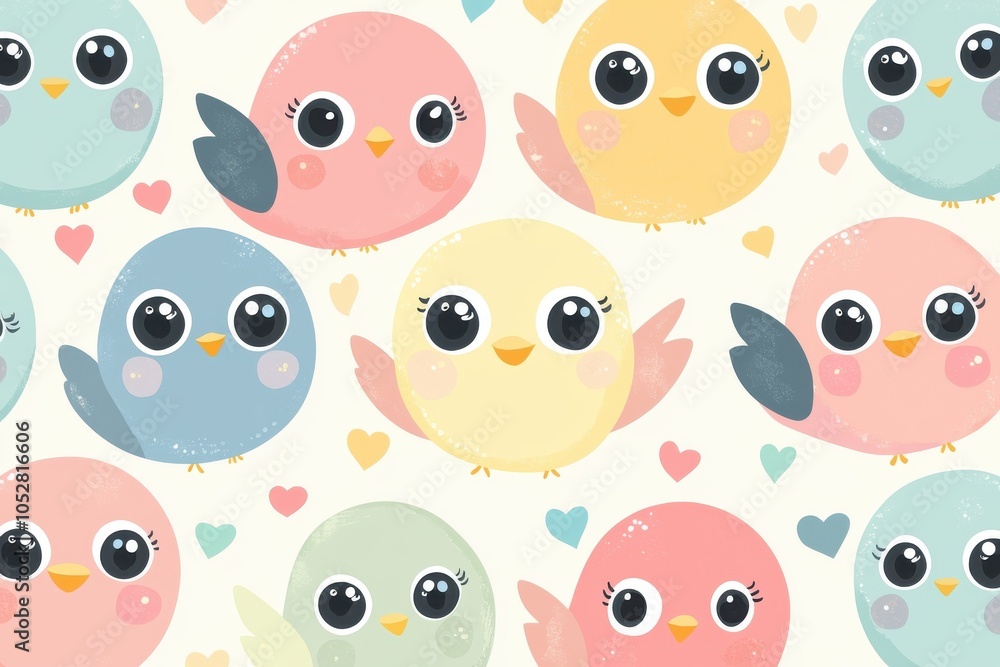 A delightful pattern featuring cute pastel birds with big eyes, perfect for children's designs, invitations, and playful decor. A delightful pattern featuring cute pastel birds with big eyes, perfect for children's designs, invitations, and playful decor.