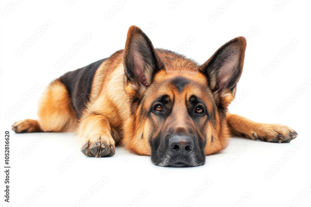 German shepherd dog relaxing on a white backdrop. German shepherd dog relaxing on a white backdrop.