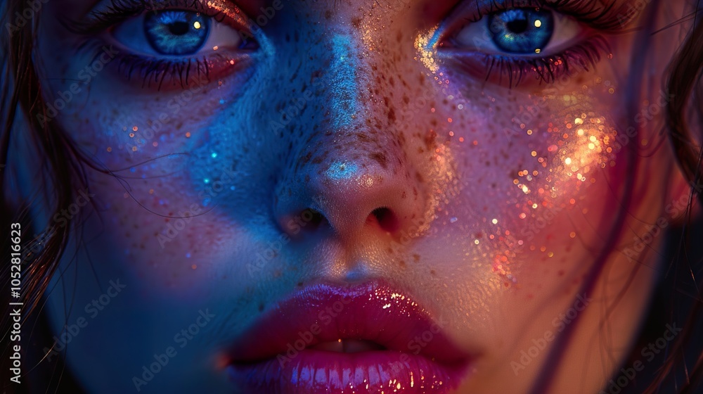 Close Up Portrait of a Woman with Glitter Makeup and Blue Eyes Close Up Portrait of a Woman with Glitter Makeup and Blue Eyes