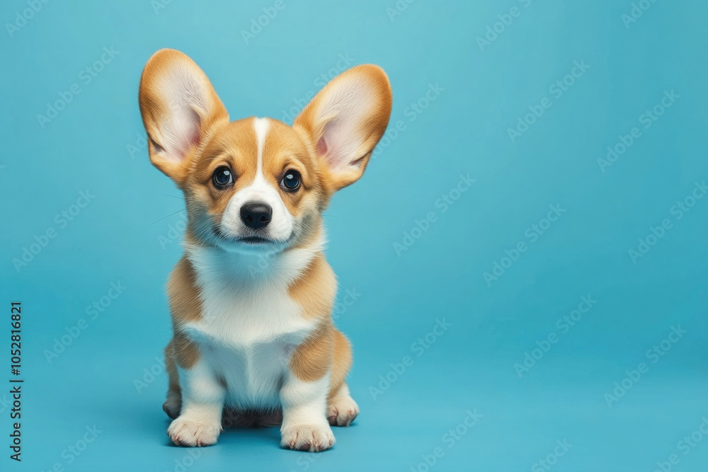 Small dog sitting on blue background, looking curious and playful with ears perked up. Small dog sitting on blue background, looking curious and playful with ears perked up.