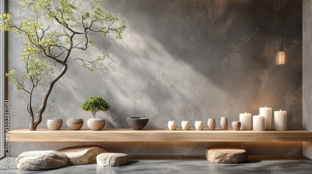 Fototapeta premium Minimalist interior with wooden shelf, candles, bonsai tree, and stones.