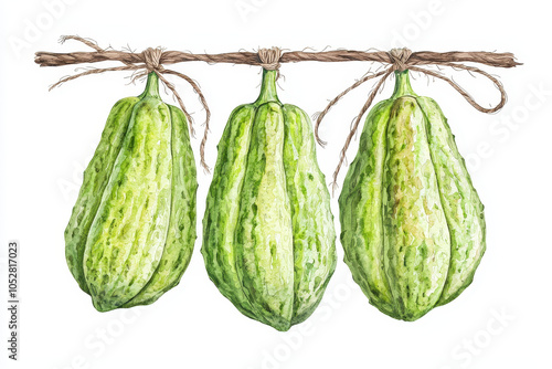 Wallpaper Mural Three green, striped gourds are artistically tied and hanging by twine against a simple background, showcasing their unique shape and texture. Torontodigital.ca