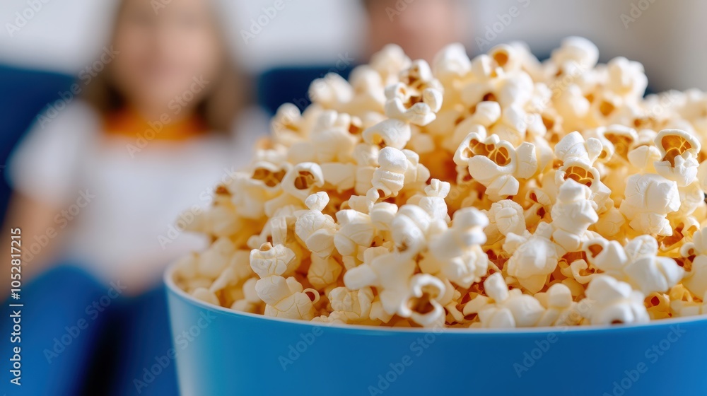 A blue bowl filled with popcorn in sharp focus while a couple of people sit blurred in the background, possibly watching a film or television show. A blue bowl filled with popcorn in sharp focus while a couple of people sit blurred in the background, possibly watching a film or television show.