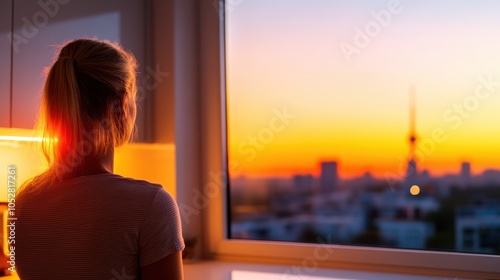 A woman gazes out a kitchen window at the vibrant cityscape and a breathtaking sunset, capturing a moment of reflection and beauty from within modern home surroundings.