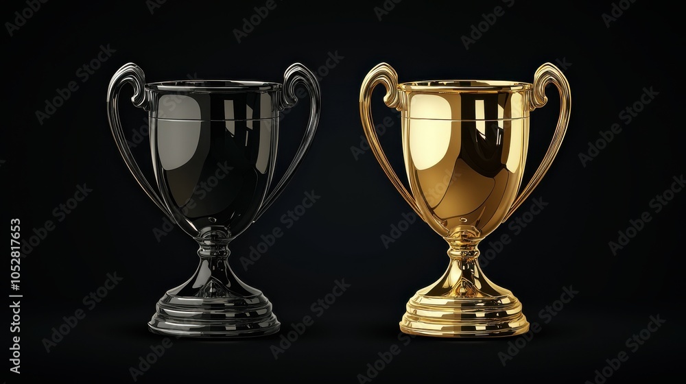 Elegant black and gold trophies displayed together highlighting achievement and victory in a sleek, dark environment. Elegant black and gold trophies displayed together highlighting achievement and victory in a sleek, dark environment.