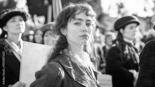 Portrait of young suffragettes marching for women's suffrage photo