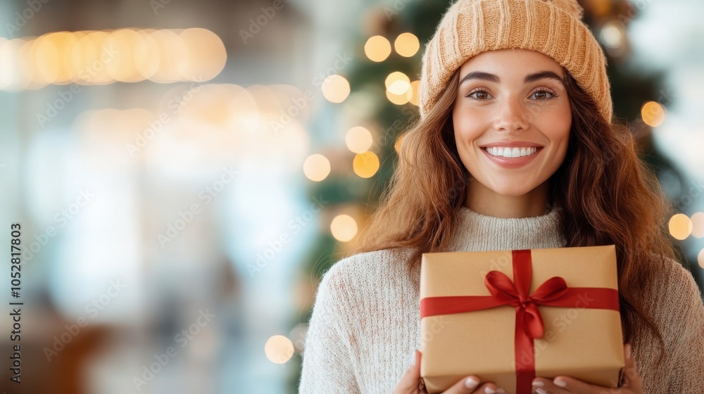 A woman with long hair smiles warmly while presenting a brown gift wrapped with a red ribbon, set against a background of a warmly lit Christmas tree. A woman with long hair smiles warmly while presenting a brown gift wrapped with a red ribbon, set against a background of a warmly lit Christmas tree.