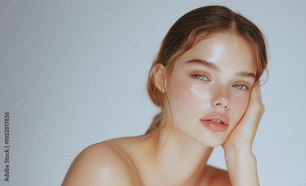 close up portrait of a young woman girl model clean aesthetic skincare glowing skin blue eyes lip filler full lips white background close up portrait of a young woman girl model clean aesthetic skincare glowing skin blue eyes lip filler full lips white background