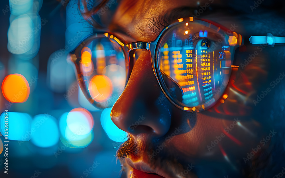A man wearing orange goggles is having fun looking at an electric blue computer screen, emphasizing the importance of vision care and eyewear in automotive lighting events A man wearing orange goggles is having fun looking at an electric blue computer screen, emphasizing the importance of vision care and eyewear in automotive lighting events
