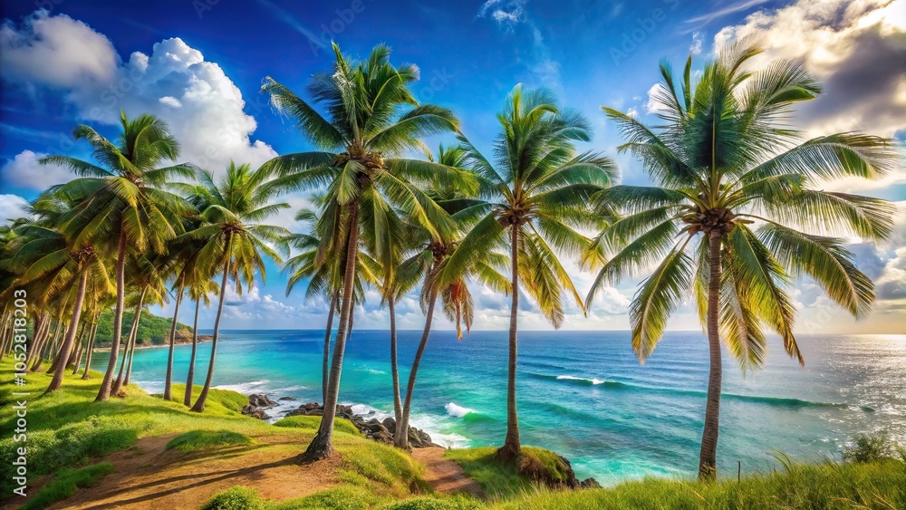 Panoramic view of palm trees near coast Panoramic view of palm trees near coast