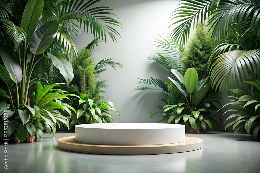 abstract scene with empty round podium and tropical plants Low Angle abstract scene with empty round podium and tropical plants Low Angle