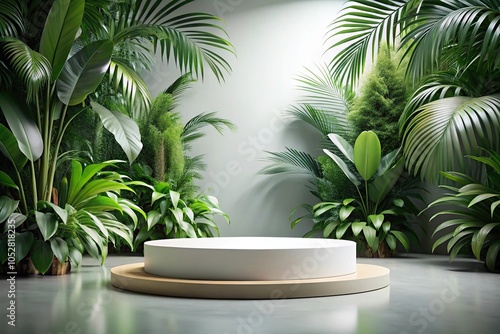 abstract scene with empty round podium and tropical plants Low Angle