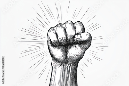 Bold black ink fist on white background, symbol of power and unity.