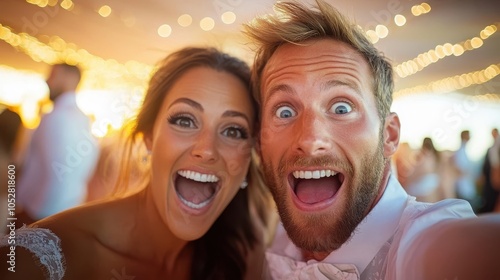 A bride and groom express joyful surprise as they look directly at the camera amidst warm lighting, capturing a moment of pure elation and wedding celebration. photo