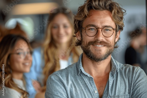 Smiling Business Colleagues Standing in Modern Office photo