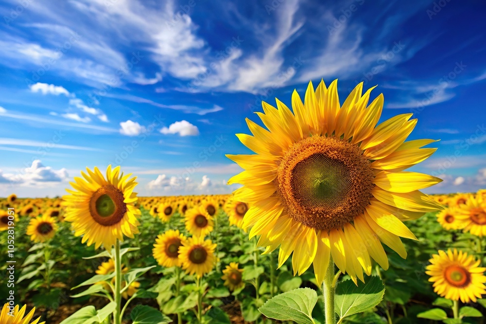 Obraz premium Panoramic view of sunflowers against clear blue sky